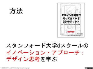　方法 
スタンフォード大学dスクールの 
イノベーション・アプローチ：デ 
ザイン思考を学ぶ 
一般社団法人デザイン思考研究所 <http://designthinking.or.jp/> 　　　 
 