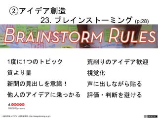 ②アイデア創造 
23. ブレインストーミング (p.28) 
1度に1つのトピック 
質より量 
新聞の見出しを意識！ 
他人のアイデアに乗っかる 
荒削りのアイデア歓迎 
視覚化 
声に出しながら貼る 
評価・判断を避ける 
一般社団法人デザイン思考研究所 <http://designthinking.or.jp/> 　　　 
 