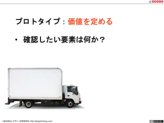 プロトタイプ：価値を定める 
• 確認したい要素は何か？ 
一般社団法人デザイン思考研究所 <http://designthinking.or.jp/> 　　　 
 