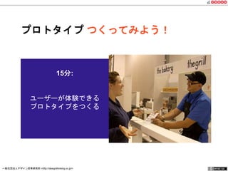 プロトタイプ つくってみよう！ 
15分: 
ユーザーが体験できる 
プロトタイプをつくる 
一般社団法人デザイン思考研究所 <http://designthinking.or.jp/> 　　　 
 