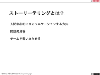 ストーリーテリングとは？ 
人間中心的にコミュニケーションする方法 
問題発見器 
チームを奮い立たせる 
一般社団法人デザイン思考研究所 <http://designthinking.or.jp/> 　　　 
 