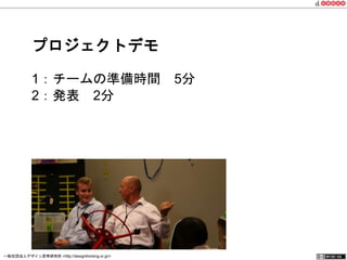プロジェクトデモ 
1：チームの準備時間　5分 
2：発表　2分 
一般社団法人デザイン思考研究所 <http://designthinking.or.jp/> 　　　 
 