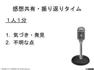感想共有・振り返りタイム 
１人１分 
1. 気づき・発見 
2. 不明な点 
一般社団法人デザイン思考研究所 <http://designthinking.or.jp/> 　　　 
 