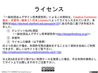 ライセンス 
「一般社団法人デザイン思考研究所」によるこの資料は、Creative 
Commons 表示 ‒ 非営利 - 継承 2.1 日本 License.によってライセンスされ 
ています。本資料はhttps://dschool.stanford.edu/groups/k12/にある作 
品に基づき作成されました。 
① クレジット&URL明記 
（一般社団法人デザイン思考研究所< 
http://designthinking.or.jp/>） 
② 非営利 
③ ライセンス継承（以下参照） 
の３つを満たす場合、利用許可等の通知をすることなく資料を自由にご利用 
できます。詳しくはサイトをご覧下さい。 
http://creativecommons.org/licenses/by-sa/2.1/jp/ 
※上記3点をお守り頂けない利用ケースを発見した場合、不正利用の事例と 
してサイト上で公開しますのでご注意下さい。 
一般社団法人デザイン思考研究所 <http://designthinking.or.jp/> 　　　 
 
