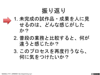 振り返り 
1. 未完成の試作品・成果を人に見 
せるのは、どんな感じがした 
か？ 
2. 普段の業務と比較すると、何が 
違うと感じたか？ 
3. このプロセスを再度行うなら、 
何に気をつけたいか？ 
一般社団法人デザイン思考研究所 <http://designthinking.or.jp/> 　　　 
 