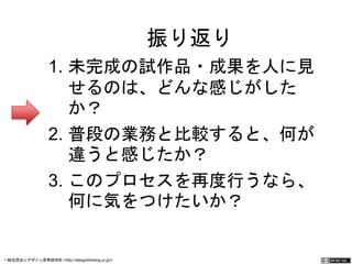 振り返り 
1. 未完成の試作品・成果を人に見 
せるのは、どんな感じがした 
か？ 
2. 普段の業務と比較すると、何が 
違うと感じたか？ 
3. このプロセスを再度行うなら、 
何に気をつけたいか？ 
一般社団法人デザイン思考研究所 <http://designthinking.or.jp/> 　　　 
 