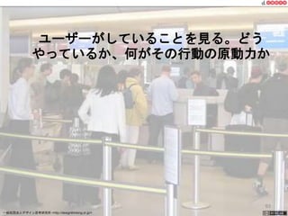 ユーザーがしていることを見る。どう 
やっているか、何がその行動の原動力か 
一般社団法人デザイン思考研究所 <http://designthinking.or.jp/> 　　　 
93 
 