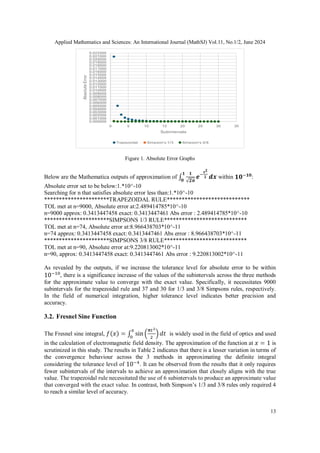 Applied Mathematics and Sciences: An International Journal (MathSJ) Vol.11, No.1/2, June 2024
13
Figure 1. Absolute Error Graphs
Below are the Mathematica outputs of approximation of within :
Absolute error set to be below:1.*10^-10
Searching for n that satisfies absolute error less than:1.*10^-10
**********************TRAPEZOIDAL RULE****************************
TOL met at n=9000, Absolute error at:2.489414785*10^-10
n=9000 approx: 0.3413447458 exact: 0.3413447461 Abs error : 2.489414785*10^-10
**********************SIMPSONS 1/3 RULE****************************
TOL met at n=74, Absolute error at:8.966438703*10^-11
n=74 approx: 0.3413447458 exact: 0.3413447461 Abs error : 8.966438703*10^-11
**********************SIMPSONS 3/8 RULE****************************
TOL met at n=90, Absolute error at:9.220813002*10^-11
n=90, approx: 0.3413447458 exact: 0.3413447461 Abs error : 9.220813002*10^-11
As revealed by the outputs, if we increase the tolerance level for absolute error to be within
, there is a significance increase of the values of the subintervals across the three methods
for the approximate value to converge with the exact value. Specifically, it necessitates 9000
subintervals for the trapezoidal rule and 37 and 30 for 1/3 and 3/8 Simpsons rules, respectively.
In the field of numerical integration, higher tolerance level indicates better precision and
accuracy.
3.2. Fresnel Sine Function
The Fresnel sine integral, is widely used in the field of optics and used
in the calculation of electromagnetic field density. The approximation of the function at is
scrutinized in this study. The results in Table 2 indicates that there is a lesser variation in terms of
the convergence behaviour across the 3 methods in approximating the definite integral
considering the tolerance level of . It can be observed from the results that it only requires
fewer subintervals of the intervals to achieve an approximation that closely aligns with the true
value. The trapezoidal rule necessitated the use of 6 subintervals to produce an approximate value
that converged with the exact value. In contrast, both Simpson’s 1/3 and 3/8 rules only required 4
to reach a similar level of accuracy.
 