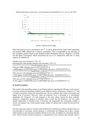 Applied Mathematics and Sciences: An International Journal (MathSJ) Vol.11, No.1/2, June 2024
19
Figure 4. Absolute Error Graphs
When the tolerance level is increased to it can be observed from Table 8 that trapezoidal
rule requires 9000 subintervals to achieve convergence. This is comparable to the outcomes of
the incomplete gamma function and standard normal distribution function. Simpson’s 3/8 Rule
has the fastest convergence which necessitates the use of 75 subintervals while the 1/3 Rule
requires 92 subintervals.
Absolute error set to be below:1.*10^-10
Searching for n that satisfies absolute error less than:1.*10^-10
**********************TRAPEZOIDAL RULE****************************
TOL at n=9000, Absolute error at:2.057612525*10^-9
n=9000 approx: 0.538079509 exact: 0.5380795069 Abs error : 2.057612525*10^-9
**********************SIMPSONS 1/3 RULE****************************
TOL met at n=184, Absolute error at:9.693024161*10^-11
n=184 approx: 0.538079509 exact: 0.5380795069 Abs error : 9.693024161*10^-11
**********************SIMPSONS 3/8 RULE****************************
TOL met at n=225, Absolute error at:9.753819974*10^-11
n=225, approx: 0.538079509 exact: 0.5380795069 Abs error: 9.753819974*10^-11
4. CONCLUSIONS
The results in the preceding section reveal distinct patterns regarding the efficiency and accuracy
of various numerical integration methods across different classes of functions. Simpson’s 1/3 and
3/8 rules consistently surpass the trapezoidal rule. The two methods show faster convergence and
higher level of accuracy. However, when the tolerance level is increased to a considerable
magnitude, the Simpson’s 3/8 rule emerged as the most robust among the three methods.
Moreover, comparative analysis of absolute errors reveals that the Simpson’s 3/8 rule yields
smaller magnitudes of absolute errors. Conversely, the trapezoidal rule consistently exhibits a
slower convergence rate, which requires larger number of subintervals to attain the desired level
of accuracy.
The four functions utilized a common interval for estimating the definite integral, thus it is
recommended to investigate various domains to substantiate the findings and to gain a deeper
understanding on the numerical methods utilized in the study. In addition to examining absolute
error, future research should incorporate a comprehensive error analysis that includes relative
 