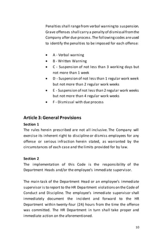 10
Penalties shall rangefrom verbal warningto suspension.
Grave offenses shall carry a penalty of dismissal fromthe
Company after due process.The followingcodes areused
to identify the penalties to be imposed for each offense:
 A - Verbal warning
 B - Written Warning
 C - Suspension of not less than 3 working days but
not more than 1 week
 D - Suspension of not less than 1 regular work week
but not more than 2 regular work weeks
 E - Suspension of not less than 2 regular work weeks
but not more than 4 regular work weeks
 F - Dismissal with due process
Article 3: General Provisions
Section 1
The rules herein prescribed are not all inclusive. The Company will
exercise its inherent right to discipline or dismiss employees for any
offense or serious infraction herein stated, as warranted by the
circumstances of each case and the limits provided for by law.
Section 2
The implementation of this Code is the responsibility of the
Department Heads and/or the employee’s immediate supervisor.
The main task of the Department Head or an employee’s immediate
supervisor is to report to the HR Department violationson the Code of
Conduct and Discipline. The employee’s immediate supervisor shall
immediately document the incident and forward to the HR
Department within twenty-four (24) hours from the time the offense
was committed. The HR Department in turn shall take proper and
immediate action on the aforementioned.
 