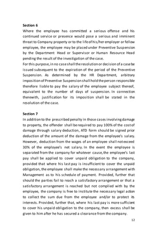 12
Section 6
Where the employee has committed a serious offense and his
continued service or presence would pose a serious and imminent
threat to Company property or to the lifeof his/her employer or fellow
employee, the employee may be placed under Preventive Suspension
by the Department Head or Supervisor or Human Resource Head
pending the result of the investigation of the case.
For this purpose,in no caseshall theresolution or decision of a casebe
issued subsequent to the expiration of the period of the Preventive
Suspension. As determined by the HR Department, arbitrary
imposition of Preventive Suspension shall hold theperson responsible
therefore liable to pay the salary of the employee subject thereof,
equivalent to the number of days of suspension. In connection
therewith, justification for its imposition shall be stated in the
resolution of the case.
Section 7
In addition to the prescribed penalty in those cases involvingdamage
to property, the offender shall berequired to pay 100% of the costof
damage through salary deduction, ATD form should be signed prior
deduction of the amount of the damage from the employee’s salary.
However, deduction from the wages of an employee shall notexceed
30% of the employee’s net salary. In the event the employee is
separated from the company for whatever cause,the employee’s last
pay shall be applied to cover unpaid obligation to the company,
provided that where his last pay is insufficient to cover the unpaid
obligation, the employee shall make the necessary arrangement with
Management as to his schedule of payment. Provided, further that
should the parties fail to reach a satisfactory arrangement or that a
satisfactory arrangement is reached but not complied with by the
employee, the company is free to institute the necessary legal action
to collect the sum due from the employee and/or to protect its
interests. Provided, further that, where his last pay is more sufficient
to cover his unpaid obligation to the company, then excess shall be
given to him after he has secured a clearance from the company.
 