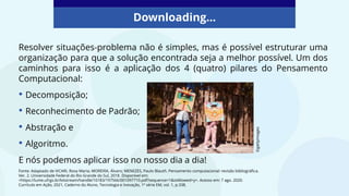 Resolver situações-problema não é simples, mas é possível estruturar uma
organização para que a solução encontrada seja a melhor possível. Um dos
caminhos para isso é a aplicação dos 4 (quatro) pilares do Pensamento
Computacional:
• Decomposição;
• Reconhecimento de Padrão;
• Abstração e
• Algoritmo.
E nós podemos aplicar isso no nosso dia a dia!
Downloading...
Fonte: Adaptado de VICARI, Rosa Maria; MOREIRA, Álvaro; MENEZES, Paulo Blauth. Pensamento computacional: revisão bibliográfica.
Ver. 2. Universidade Federal do Rio Grande do Sul, 2018. Disponível em:
<https://lume.ufrgs.br/bitstream/handle/10183/197566/001097710.pdf?sequence=1&isAllowed=y>. Acesso em: 7 ago. 2020.
Currículo em Ação, 2021, Caderno do Aluno, Tecnologia e Inovação, 1ª série EM, vol. 1, p.338.
©gettyimages
 