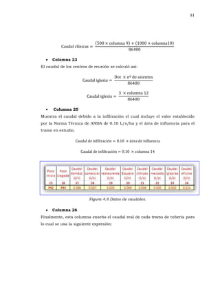 81
Columna 23
El caudal de los centros de reunión se calculó así:
Columna 25
Muestra el caudal debido a la infiltración el cual incluye el valor establecido
por la Norma Técnica de ANDA de 0.10 L/s/ha y el área de influencia para el
tramo en estudio.
Figura 4.8 Datos de caudales.
Columna 26
Finalmente, esta columna enseña el caudal real de cada tramo de tubería para
lo cual se usa la siguiente expresión:
 