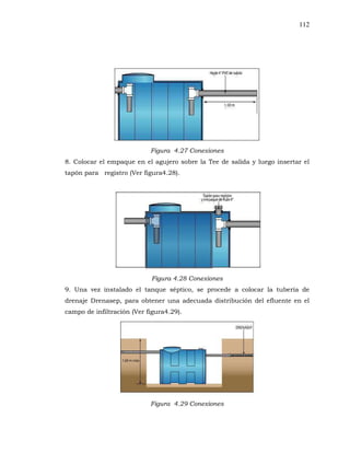 112
Figura 4.27 Conexiones
8. Colocar el empaque en el agujero sobre la Tee de salida y luego insertar el
tapón para registro (Ver figura4.28).
Figura 4.28 Conexiones
9. Una vez instalado el tanque séptico, se procede a colocar la tubería de
drenaje Drenasep, para obtener una adecuada distribución del efluente en el
campo de infiltración (Ver figura4.29).
Figura 4.29 Conexiones
 