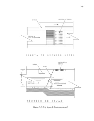 249
Figura 6.5 Reja típica de limpieza manual
BY-PASS
PLATAFORMA DE DRENAJE
ENTRADA DE
AGUA CRUDA
P L A N T A D E D E T A L L E R E J A S
HACIA DESARENADOR
S E C C I O N D E R E J A S
BY-PASS
ENTRADA DE
AGUA CRUDA
PLATAFORMA DE
DRENAJE
REJAS
 