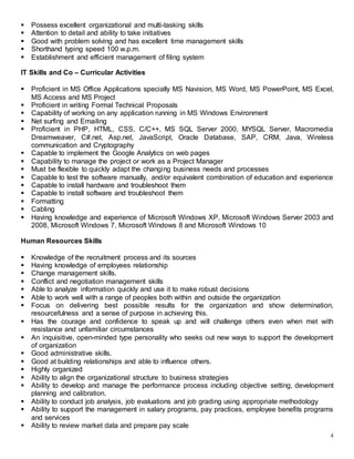 4
 Possess excellent organizational and multi-tasking skills
 Attention to detail and ability to take initiatives
 Good with problem solving and has excellent time management skills
 Shorthand typing speed 100 w.p.m.
 Establishment and efficient management of filing system
IT Skills and Co – Curricular Activities
 Proficient in MS Office Applications specially MS Navision, MS Word, MS PowerPoint, MS Excel,
MS Access and MS Project
 Proficient in writing Formal Technical Proposals
 Capability of working on any application running in MS Windows Environment
 Net surfing and Emailing
 Proficient in PHP, HTML, CSS, C/C++, MS SQL Server 2000, MYSQL Server, Macromedia
Dreamweaver, C#.net, Asp.net, JavaScript, Oracle Database, SAP, CRM, Java, Wireless
communication and Cryptography
 Capable to implement the Google Analytics on web pages
 Capability to manage the project or work as a Project Manager
 Must be flexible to quickly adapt the changing business needs and processes
 Capable to test the software manually, and/or equivalent combination of education and experience
 Capable to install hardware and troubleshoot them
 Capable to install software and troubleshoot them
 Formatting
 Cabling
 Having knowledge and experience of Microsoft Windows XP, Microsoft Windows Server 2003 and
2008, Microsoft Windows 7, Microsoft Windows 8 and Microsoft Windows 10
Human Resources Skills
 Knowledge of the recruitment process and its sources
 Having knowledge of employees relationship
 Change management skills.
 Conflict and negotiation management skills
 Able to analyze information quickly and use it to make robust decisions
 Able to work well with a range of peoples both within and outside the organization
 Focus on delivering best possible results for the organization and show determination,
resourcefulness and a sense of purpose in achieving this.
 Has the courage and confidence to speak up and will challenge others even when met with
resistance and unfamiliar circumstances
 An inquisitive, open-minded type personality who seeks out new ways to support the development
of organization
 Good administrative skills.
 Good at building relationships and able to influence others.
 Highly organized
 Ability to align the organizational structure to business strategies
 Ability to develop and manage the performance process including objective setting, development
planning and calibration.
 Ability to conduct job analysis, job evaluations and job grading using appropriate methodology
 Ability to support the management in salary programs, pay practices, employee benefits programs
and services
 Ability to review market data and prepare pay scale
 