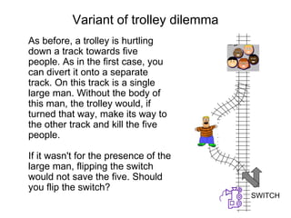 Variant of trolley dilemma
As before, a trolley is hurtling
down a track towards five
people. As in the first case, you
can divert it onto a separate
track. On this track is a single
large man. Without the body of
this man, the trolley would, if
turned that way, make its way to
the other track and kill the five
people.

If it wasn't for the presence of the
large man, flipping the switch
would not save the five. Should
you flip the switch?
                                        SWITCH
 