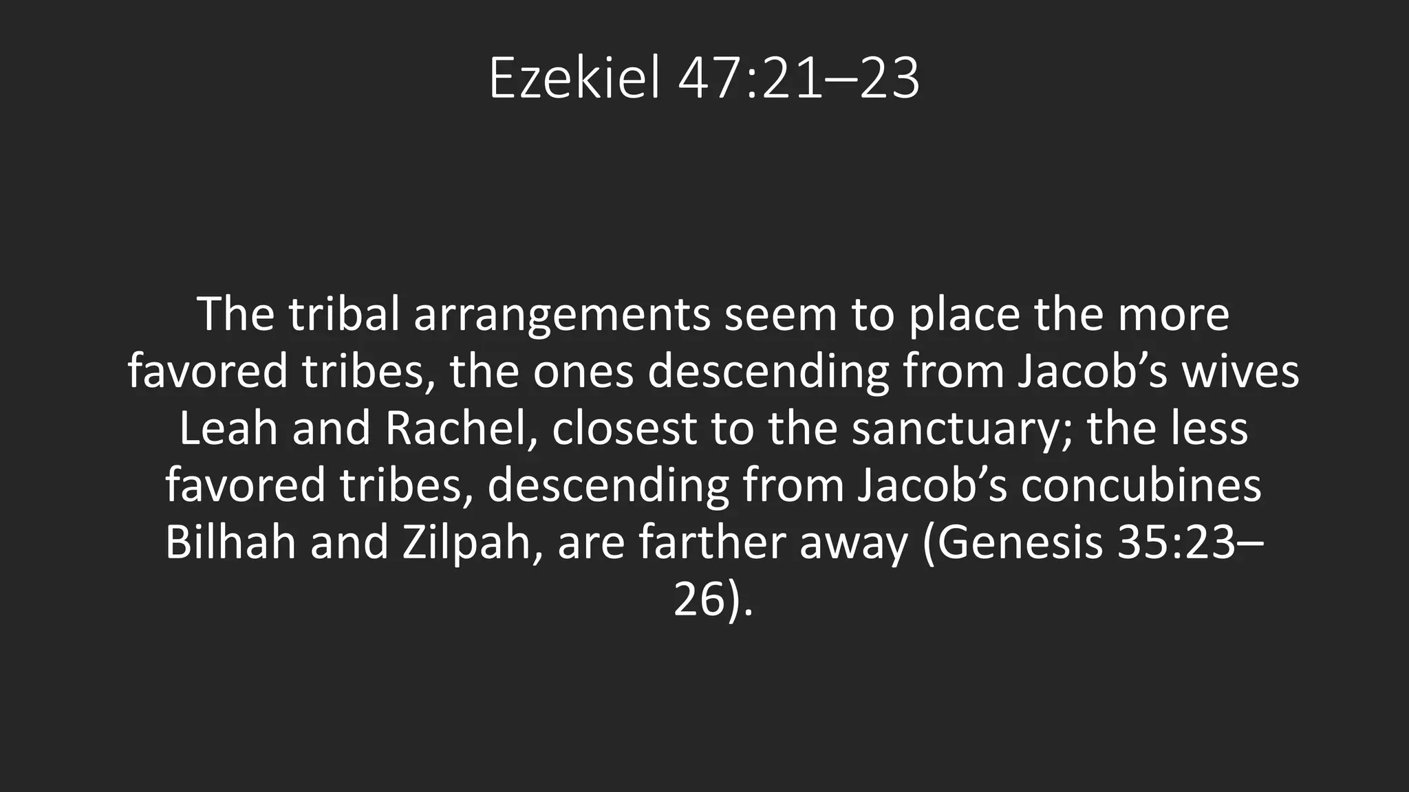 Ezekiel 47:21–23 
The tribal arrangements seem to place the more 
favored tribes, the ones descending from Jacob’s wives 
Leah and Rachel, closest to the sanctuary; the less 
favored tribes, descending from Jacob’s concubines 
Bilhah and Zilpah, are farther away (Genesis 35:23– 
26). 
 