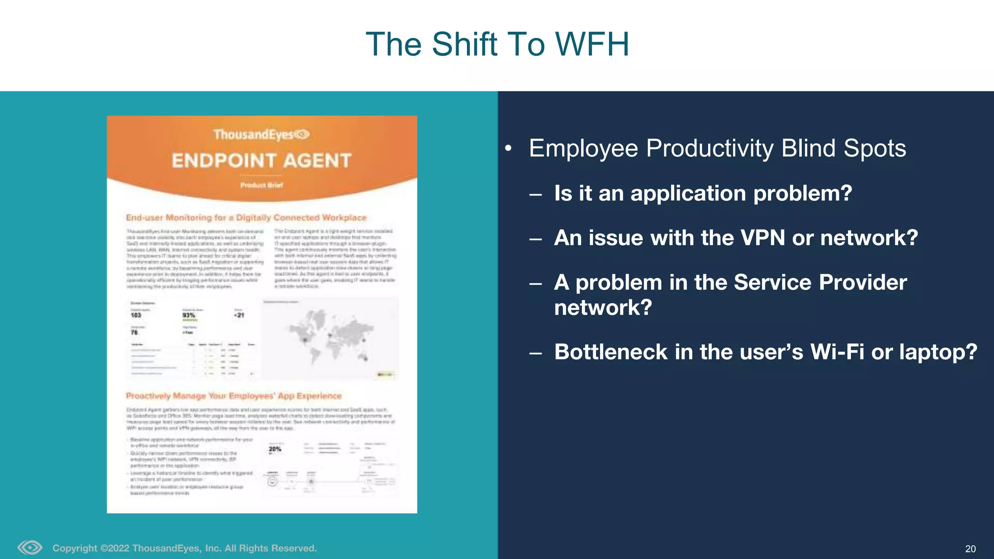 Copyright ©2022 ThousandEyes, Inc. All Rights Reserved. 20
• Employee Productivity Blind Spots
– Is it an application problem?
– An issue with the VPN or network?
– A problem in the Service Provider
network?
– Bottleneck in the user’s Wi-Fi or laptop?
The Shift To WFH
 