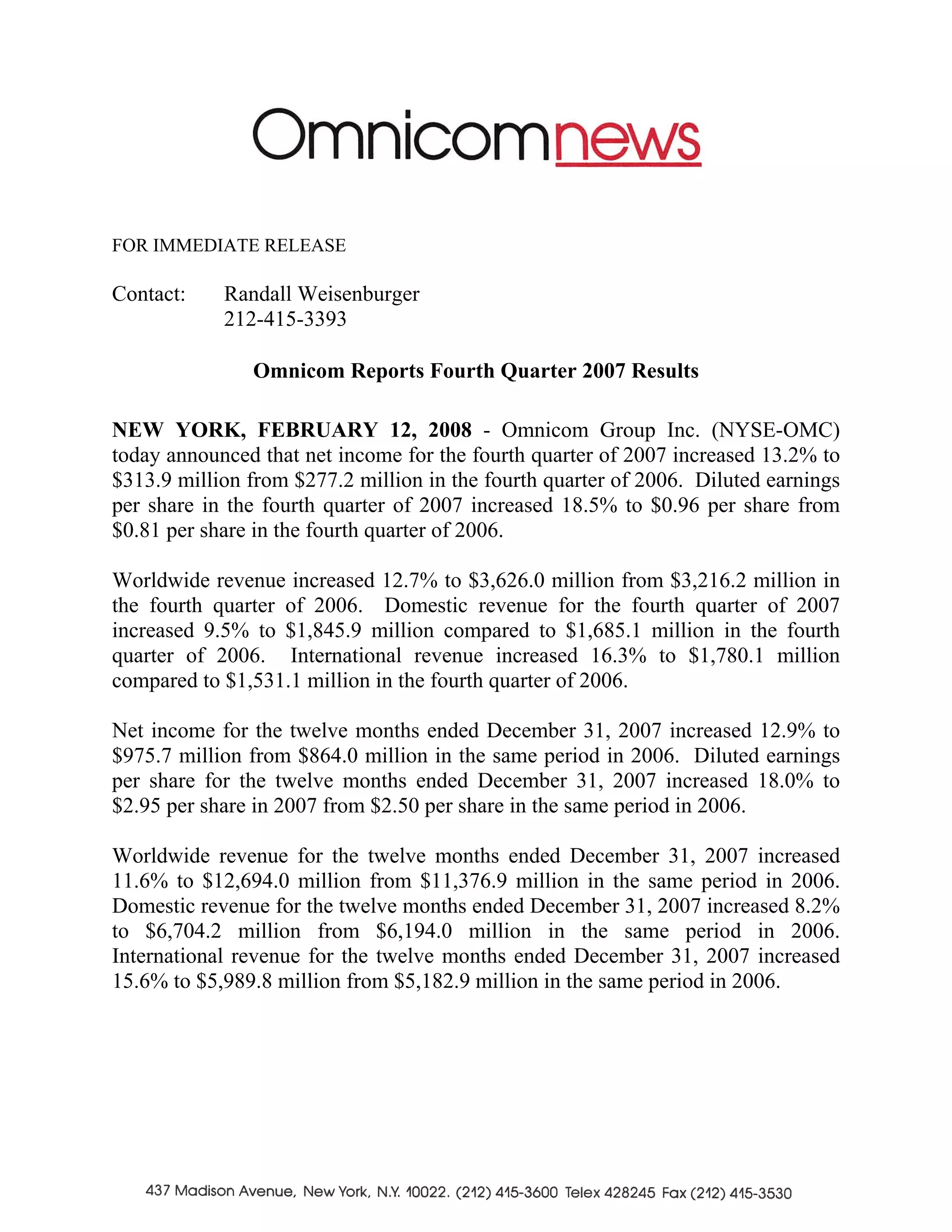 omnicom group Q4 2007 Earnings Release