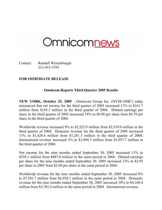 Contact:    Randall Weisenburger
            212-415-3393


FOR IMMEDIATE RELEASE


                Omnicom Reports Third Quarter 2005 Results


NEW YORK, October 25, 2005 - Omnicom Group Inc. (NYSE-OMC) today
announced that net income for the third quarter of 2005 increased 11% to $161.7
million from $145.3 million in the third quarter of 2004. Diluted earnings per
share in the third quarter of 2005 increased 14% to $0.90 per share from $0.79 per
share in the third quarter of 2004.

Worldwide revenue increased 9% to $2,522.9 million from $2,319.0 million in the
third quarter of 2004. Domestic revenue for the third quarter of 2005 increased
13% to $1,428.6 million from $1,261.3 million in the third quarter of 2004.
International revenue increased 3% to $1,094.3 million from $1,057.7 million in
the third quarter of 2004.

Net income for the nine months ended September 30, 2005 increased 11% to
$538.1 million from $487.0 million in the same period in 2004. Diluted earnings
per share for the nine months ended September 30, 2005 increased 13% to $2.95
per share in 2005 from $2.60 per share in the same period in 2004.

Worldwide revenue for the nine months ended September 30, 2005 increased 8%
to $7,541.7 million from $6,958.1 million in the same period in 2004. Domestic
revenue for the nine months ended September 30, 2005 increased 10% to $4,168.4
million from $3,781.6 million in the same period in 2004. International revenue
 