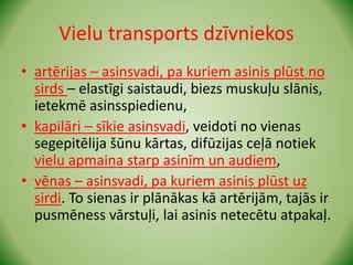 Vielu transports dzīvniekos
• artērijas – asinsvadi, pa kuriem asinis plūst no
sirds – elastīgi saistaudi, biezs muskuļu slānis,
ietekmē asinsspiedienu,
• kapilāri – sīkie asinsvadi, veidoti no vienas
segepitēlija šūnu kārtas, difūzijas ceļā notiek
vielu apmaiņa starp asinīm un audiem,
• vēnas – asinsvadi, pa kuriem asinis plūst uz
sirdi. To sienas ir plānākas kā artērijām, tajās ir
pusmēness vārstuļi, lai asinis netecētu atpakaļ.
 