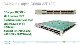 Линейная карта C6800-32P10G
Cisco Connect 2017 © 2017 Cisco and/or its affiliates. All rights reserved. 20
32 порта SFP/SFP+
До 4 портов QSFP
160Gbps емкость на слот
Два модуля DFC4
120Mpps
Support for 1/10GE или
40GE 250 / 500MB буфф.
 