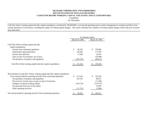 ARAMARK CORPORATION AND SUBSIDIARIES
                                                    RECONCILIATION OF NON-GAAP MEASURES
                                      CASH FLOW BEFORE WORKING CAPITAL AND AFTER CAPITAL EXPENDITURES
                                                                   (Unaudited)
                                                                 (In Thousands)

Cash flow before working capital and after capital expenditures, as defined by ARAMARK, is an internal operating metric used by management to evaluate cash flows from
normal operations of our business, excluding the impact of working capital changes. This metric eliminates the volatility of working capital changes which long term investors
may find useful.


                                                                                              Six Months Ended
                                                                                    March 28, 2003        March 29, 2002

Cash flow before working capital and after
  capital expenditures:
      Income from continuing operations                                               $     96,226            $    105,006
      Depreciation and amortization                                                        126,436                 113,798
      Income taxes deferred                                                                 11,690                  14,854
      Gain on sale of investment, net of taxes                                                 -                   (24,400)
      Net purchases of property and equipment                                             (102,742)                (80,012)

    Cash flow before working capital and after capital expenditures                   $   131,610             $    129,246




Reconciliation of cash flow before working capital and after capital expenditures
  to net cash provided by operating activities from continuing operations:            $    131,610            $    129,246
     Net purchases of property and equipment                                               102,742                  80,012
     Provision for income taxes on gain on sale of investment                                  -                   (13,489)
     Changes in noncash working capital                                                   (164,134)               (119,579)
     Net proceeds from sale of receivables                                                     -                    35,805
     Other operating activities                                                            (11,715)                 (7,084)

Net cash provided by operating activities from continuing operations                  $    58,503             $    104,911
 