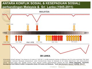 ANTARA KONFLIK SOSIAL & KESEPADUAN SOSIAL|
perbandingan Malaysia & Sri Lanka (1945-2011)
MALAYSIA

1948 - 1960

1964

1969

2001

1945

1940-1950

2011

1951-1960

1961-1970

1971-1980

1981-1990

1991-2010

SRI LANKA
KEAMANAN ditakrif sebagai “the absence of violence” (GPI 2011). Konflik berdarah berlaku di Malaysia dan Sri Lanka semenjak 1945. Bukti
menunjukkan bahawa keadaan kesepaduan sosial mendominasi hidup di Malaysia di Sri Lanka didominasi oleh pertumpahan
darah, meragut lebih dari 100,000 nyawa. Untuk sebuah analisis perbandingan terbaik sila lihat, Sirimal Abeyratne, “Economic
Development and Political Conflict: Comparative Study of Sri Lanka and Malaysia, “ South Asia Economic Journal 9:2(2008): 393-417

1/13/2014

Dr. Amini Amir Abdullah (Universiti Putra
Malaysia)

 