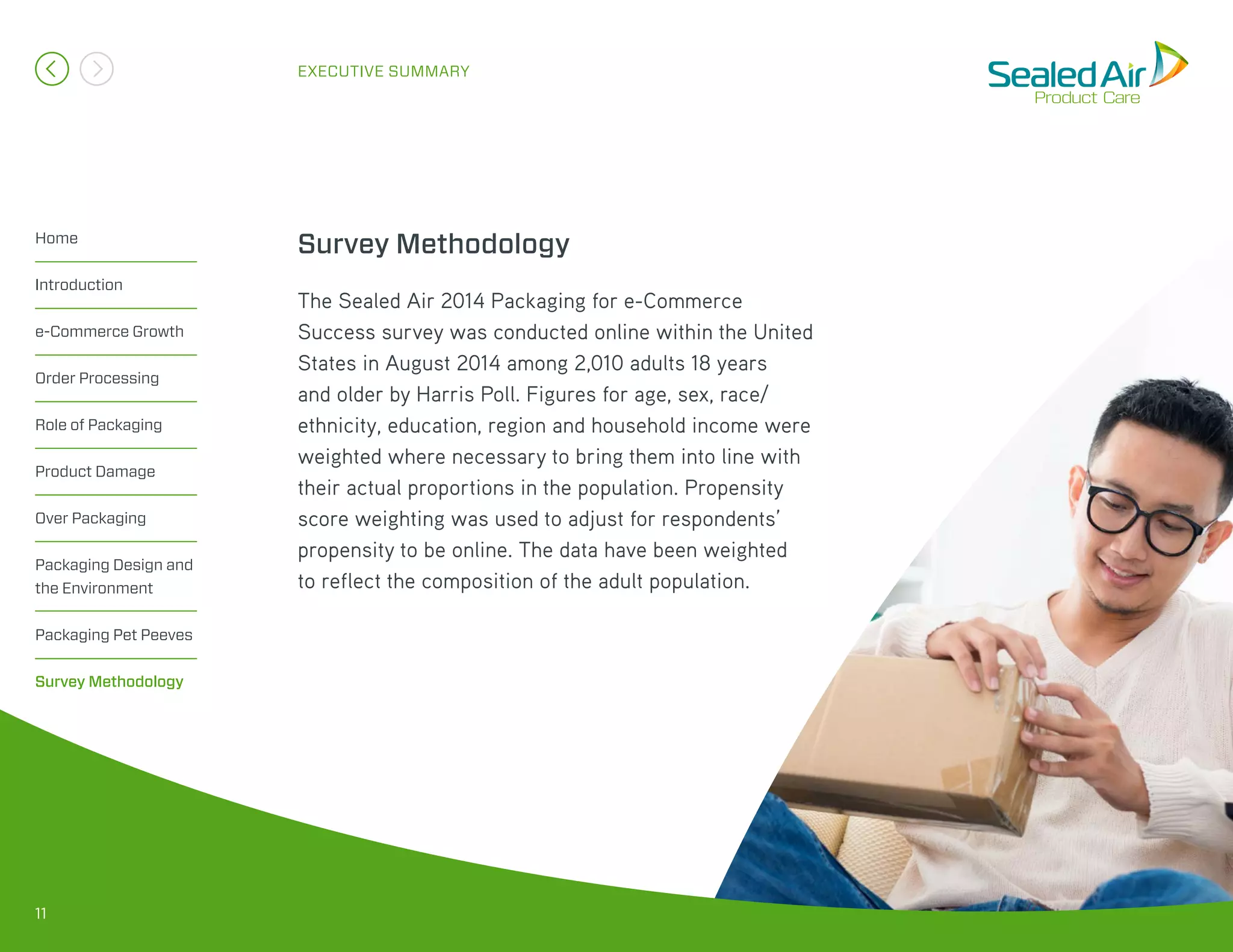 The Sealed Air 2014 Packaging for e-Commerce
Success survey was conducted online within the United
States in August 2014 among 2,010 adults 18 years
and older by Harris Poll. Figures for age, sex, race/
ethnicity, education, region and household income were
weighted where necessary to bring them into line with
their actual proportions in the population. Propensity
score weighting was used to adjust for respondents’
propensity to be online. The data have been weighted
to reflect the composition of the adult population.
Survey MethodologyHome
Introduction
e-Commerce Growth
Order Processing
Role of Packaging
Product Damage
Over Packaging
Packaging Design and
the Environment
Packaging Pet Peeves
Survey Methodology
EXECUTIVE SUMMARY
11
 