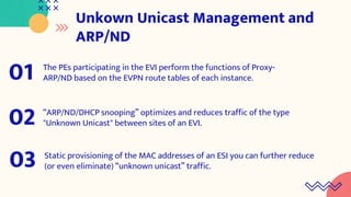 Unkown Unicast Management and
ARP/ND
The PEs participating in the EVI perform the functions of Proxy-
ARP/ND based on the EVPN route tables of each instance.
01
“ARP/ND/DHCP snooping” optimizes and reduces traffic of the type
"Unknown Unicast" between sites of an EVI.
02
Static provisioning of the MAC addresses of an ESI you can further reduce
(or even eliminate) “unknown unicast” traffic.
03
 