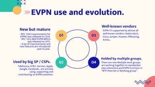 EVPN use and evolution.
New but mature
- RFC 7209 (requirements for
EVPN) was released on 2014.
- RFC 7432 (BGP EVPN-MPLS)
was released on 2015.
- A lot of improvements and
new features are introduced
year to year.
Used by big SP / CSPs.
Telefonica, AT&T, Verizon, Apple,
Google, Facebook… are actively
using, supporting and
contributing on EVPN evolution.
Well-known vendors
EVPN it’s supported by almost all
well-known vendors: Nokia (ALU),
Cisco, Juniper, Huawei, FRRouting,
Arista…
Holded by multiple groups.
There are new Multiple work groups
are working together to standardize
new extensions and EVPN functions in
“IETF Internet L2 Working group”.
03
01
02 04
 