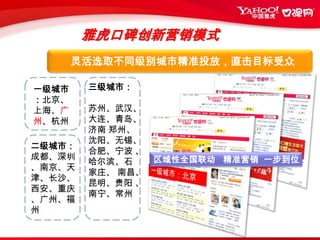 雅虎口碑网用户价值身份集中于华北/华东/华南等大众城市年龄集中于20-35岁近8成用户大专以上学历近6成用户为公司白领高学历雅虎口碑用户质量远远高于其他门户收入70%用户月收入3000元以上（含3000元）有一定的消费实力和网络消费习惯高收入高消费白领的综合门户聚集地，有经济基础且乐于消费的高质群体。态度购物观成熟，注重性价比和功能对品牌关注、认同、忠诚对生活品质有一定要求7成以上用户受广告影响高品牌认知度