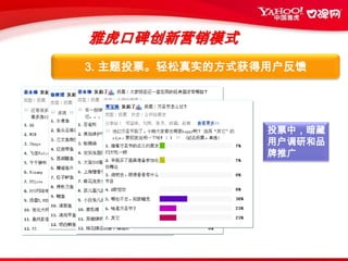 雅虎口碑创新营销模式1. 全营销：覆盖消费者各个消费和心理阶段消费者获取信息时的覆盖消费者有购买意向，开始比较商家时消费者寻找售后服务时，也能被影响