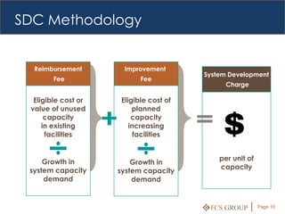SDC Methodology


  Reimbursement       Improvement
                                        System Development
        Fee                Fee
                                              Charge

  Eligible cost or   Eligible cost of
 value of unused         planned
      capacity           capacity
     in existing        increasing
      facilities          facilities


     Growth in                              per unit of
                         Growth in
 system capacity                            capacity
                     system capacity
     demand              demand


                                         FCS GROUP        Page 10
 