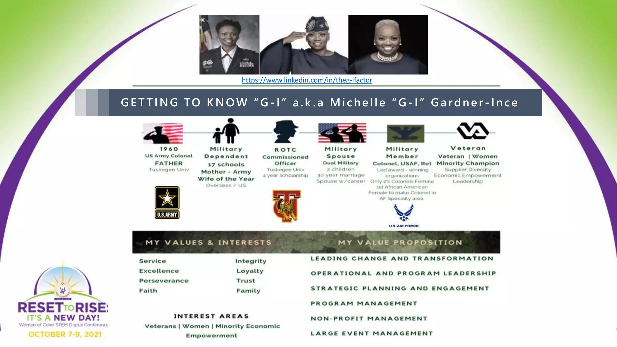 I SERVED SO THAT OTHERS COULD LIVE FREE
https://www.linkedin.com/in/theg-ifactor
GET TING TO KNOW “G -I” a.k .a Michelle “G -I” Gardner -Ince
 