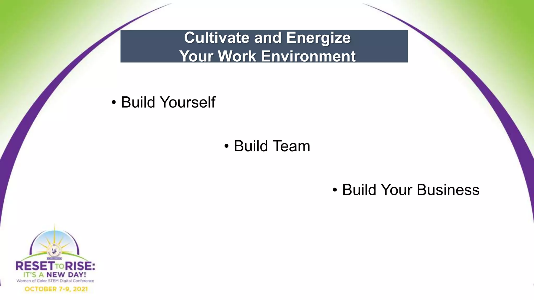 • Build Yourself
• Build Team
• Build Your Business
Cultivate and Energize
Your Work Environment
 
