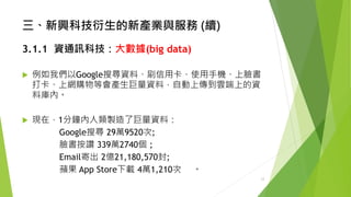 三、新興科技衍生的新產業與服務(續) 
3.1.1資通訊科技：大數據(big data) 
例如我們以Google搜尋資料、刷信用卡、使用手機、上臉書 打卡、上網購物等會產生巨量資料，自動上傳到雲端上的資 料庫內。 
現在，1分鐘內人類製造了巨量資料： 
Google搜尋29萬9520次; 
臉書按讚339萬2740個; 
Email寄出2億21,180,570封; 
蘋果AppStore下載4萬1,210次。 
12 
 