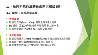 三、新興科技衍生的新產業與服務(續) 
3.2 韓國13大新產業布局 
1. 主力產業 
智慧型汽車(Smart Car): 實現全球第3大強國 
5G 通信: 至2020年達成標準專利競爭力第一名 
深海基礎建設(Plant): 核心設備之國產化 
2. 未來新產業 
智慧型機器人(Smart Robot):至2020年達成產值9.7兆韓元 
穿戴式行動裝置:100個明星產品之商業化 
實感性數位內容:至2025年市占率擴大至5％ 
18 
 