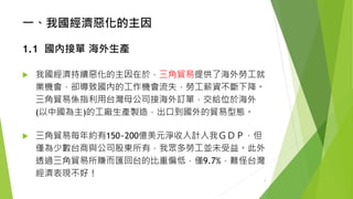 一、我國經濟惡化的主因 
1.1 國內接單海外生產 
我國經濟持續惡化的主因在於，三角貿易提供了海外勞工就 業機會，卻導致國內的工作機會流失，勞工薪資不斷下降。 三角貿易係指利用台灣母公司接海外訂單，交給位於海外 (以中國為主)的工廠生產製造，出口到國外的貿易型態。 
三角貿易每年約有150~200億美元淨收入計入我ＧＤＰ，但 僅為少數台商與公司股東所有，我眾多勞工並未受益。此外 透過三角貿易所賺而匯回台的比重偏低，僅9.7%，難怪台灣 經濟表現不好！ 
3 
 