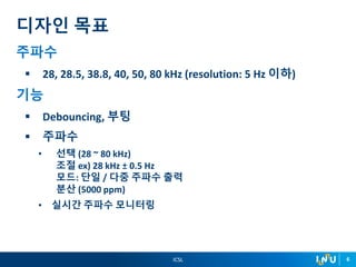 ICSL 6
주파수
 28, 28.5, 38.8, 40, 50, 80 kHz (resolution: 5 Hz 이하)
기능
 Debouncing, 부팅
 주파수
• 선택 (28 ~ 80 kHz)
조절 ex) 28 kHz ± 0.5 Hz
모드: 단일 / 다중 주파수 출력
분산 (5000 ppm)
• 실시간 주파수 모니터링
디자인 목표
 