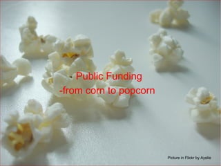 Public Funding
-from corn to popcorn




                        Picture in Flickr by Ayelie
 