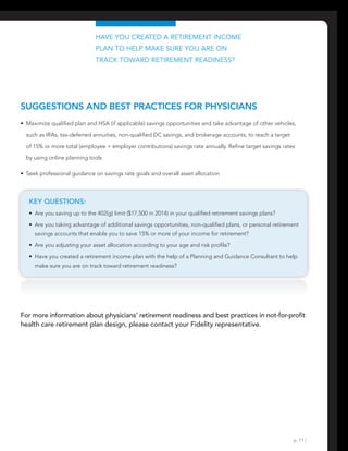 p. 11 |
Have you created a retirement income
plan to help make sure you are on
track toward retirement readiness?
Suggestions and Best Practices for Physicians
•  Maximize qualified plan and HSA (if applicable) savings opportunities and take advantage of other vehicles,
such as IRAs, tax-deferred annuities, non-qualified DC savings, and brokerage accounts, to reach a target
of 15% or more total (employee + employer contributions) savings rate annually. Refine target savings rates
by using online planning tools
•  Seek professional guidance on savings rate goals and overall asset allocation
Key questions:
•  Are you saving up to the 402(g) limit ($17,500 in 2014) in your qualified retirement savings plans?
•  Are you taking advantage of additional savings opportunities, non-qualified plans, or personal retirement
savings accounts that enable you to save 15% or more of your income for retirement?
•  Are you adjusting your asset allocation according to your age and risk profile?
•  Have you created a retirement income plan with the help of a Planning and Guidance Consultant to help
make sure you are on track toward retirement readiness?
For more information about physicians’ retirement readiness and best practices in not-for-profit
health care retirement plan design, please contact your Fidelity representative.
 