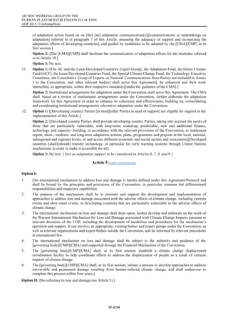 AD HOC WORKING GROUP ON THE
DURBAN PLATFORM FOR ENHANCED ACTION
ADP.2015.11.InformalNote
15 of 54
of adaptation action based on on [the] [an] adaptation communication[s]][communications or undertakings on
adaptation] referred to in paragraph 7 of this Article, assessing the adequacy of support and recognizing the
adaptation efforts of developing countries], and guided by modalities to be adopted by the [CMA][CMP] at its
first session.]
Option 2: [The [CMA][CMP] shall facilitate the communication of adaptation efforts for the stocktake referred
to in Article 10.]
Option 3: No text.
11. Option 1: [The AC and the Least Developed Countries Expert Group[, the Adaptation Fund, the Green Climate
Fund (GCF), the Least Developed Countries Fund, the Special Climate Change Fund, the Technology Executive
Committee, the Consultative Group of Experts on National Communications from Parties not included in Annex
I to the Convention, and other relevant bodies] shall serve this Agreement[, be enhanced and their work
intensified, as appropriate, within their respective mandates][under the guidance of the CMA].]
Option 2: Institutional arrangements for adaptation under the Convention shall serve this Agreement. The CMA
shall, based on a review of institutional arrangements under the Convention, further elaborate the adaptation
framework for this Agreement in order to enhance its coherence and effectiveness, building on, consolidating
and coordinating institutional arrangements relevant to adaptation under the Convention.
12. Option 1: [[Developing country] Parties [in need][other Parties in need of support] are eligible for support in the
implementation of this Article.]
Option 2: [Developed country Parties shall provide developing country Parties, taking into account the needs of
those that are particularly vulnerable, with long-term, scaled-up, predictable, new and additional finance,
technology and capacity- building, in accordance with the relevant provisions of the Convention, to implement
urgent, short-, medium- and long-term adaptation actions, plans, programmes and projects at the local, national,
subregional and regional levels, in and across different economic and social sectors and ecosystems][Developed
countries [shall][should] transfer technology, in particular for early warning systems through United Nations
mechanisms in order to make it accessible for all].
Option 3: No text. {Text on adaptation support to be considered in Articles 6, 7, 8, and 9.}
Article 5 (LOSS AND DAMAGE)
Option I:
1. [An international mechanism to address loss and damage is hereby defined under this Agreement/Protocol and
shall be bound by the principles and provisions of the Convention, in particular common but differentiated
responsibilities and respective capabilities.
2. The purpose of the mechanism shall be to promote and support the development and implementation of
approaches to address loss and damage associated with the adverse effects of climate change, including extreme
events and slow onset events, in developing countries that are particularly vulnerable to the adverse effects of
climate change.
3. The international mechanism on loss and damage shall draw upon, further develop and elaborate on the work of
the Warsaw International Mechanism for Loss and Damage associated with Climate Change Impacts pursuant to
relevant decisions of the COP, including the development of modalities and procedures for the mechanism’s
operation and support. It can involve, as appropriate, existing bodies and expert groups under the Convention, as
well as relevant organizations and expert bodies outside the Convention, and be informed by relevant precedents
in international law.
4. The international mechanism on loss and damage shall be subject to the authority and guidance of the
[governing body][CMP][CMA] and supported through the Financial Mechanism of the Convention.
5. The [governing body][CMP][CMA] shall, at its first session, establish a climate change displacement
coordination facility to help coordinate efforts to address the displacement of people as a result of extreme
impacts of climate change.
6. The [governing body][CMP][CMA] shall, at its first session, initiate a process to develop approaches to address
irreversible and permanent damage resulting from human-induced climate change, and shall endeavour to
complete this process within four years.]
Option II: [No reference to loss and damage (no Article 5).]
 