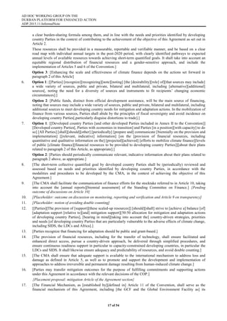 AD HOC WORKING GROUP ON THE
DURBAN PLATFORM FOR ENHANCED ACTION
ADP.2015.11.InformalNote
17 of 54
a clear burden-sharing formula among them, and in line with the needs and priorities identified by developing
country Parties in the context of contributing to the achievement of the objective of this Agreement as set out in
Article 2.
These resources shall be provided in a measurable, reportable and verifiable manner, and be based on a clear
road map with individual annual targets in the post-2020 period, with clearly identified pathways to expected
annual levels of available resources towards achieving short-term quantified goals. It shall take into account an
equitable regional distribution of financial resources and a gender-sensitive approach, and include the
implementation of Articles 5 and 6 of the Convention.]
Option 3: [Enhancing the scale and effectiveness of climate finance depends on the actions set forward in
paragraph 2 of this Article]
6. Option 1: [[Parties] [recognize][recognizing][note][noting] [the [desirability][role] of][that sources may include]
a wide variety of sources, public and private, bilateral and multilateral, including [alternative][additional]
sources[, noting the need for a diversity of sources and instruments to fit recipients’ changing economic
circumstances].]
Option 2: [Public funds, distinct from official development assistance, will be the main source of financing,
noting that sources may include a wide variety of sources, public and private, bilateral and multilateral, including
additional sources to meet developing country needs for mitigation and adaptation actions. In the mobilization of
finance from various sources, Parties shall abide by the principles of fiscal sovereignty and avoid incidence on
developing country Parties[,particularly disguise distortions to trade].]
7. Option 1: [[Developed country Parties [and other developed Parties included in Annex II to the Convention]]
[Developed country Parties[, Parties with economies in transition] and Parties [in a position][with capacity] to do
so] [All Parties] [shall][should][other] [periodically] [prepare and] communicate [biennially on the provision and
implementation] [[relevant, indicative] information] [on the [provision of financial resources, including
quantitative and qualitative information on the] [projected][achieved] [efforts to mobilize climate finance][levels
of public [climate finance][financial resources to be provided to developing country Parties]][about their plans
related to paragraph 2 of this Article, as appropriate].]
Option 2: [Parties should periodically communicate relevant, indicative information about their plans related to
paragraph 2 above, as appropriate.]
8. [The short-term collective quantified goal by developed country Parties shall be (periodically) reviewed and
assessed based on needs and priorities identified by developing country Parties, in accordance with the
modalities and procedures to be developed by the CMA, in the context of achieving the objective of this
Agreement.]
9. [The CMA shall facilitate the communication of finance efforts for the stocktake referred to in Article 10, taking
into account the [annual reports][biennial assessment] of the Standing Committee on Finance.] {Pending
outcome of discussions on Article 10}
10. [Placeholder: outcome on discussion on monitoring, reporting and verification and Article 9 on transparency]
11. [Placeholder: notion of avoiding double counting]
12. [[Parties][The provision of [support][these scaled-up resources]] [should][shall] strive to [achieve a] balance [of]
[adaptation support [relative to][and] mitigation support][50:50 allocation for mitigation and adaptation actions
of developing country Parties], [bearing in mind][taking into account the] country-driven strategies, priorities
and needs [of developing country Parties that are particularly vulnerable to the adverse effects of climate change,
including SIDS, the LDCs and Africa].]
13. [Parties recognize that financing for adaptation should be public and grant-based.]
14. [The provision of financial resources, including for the transfer of technology, shall ensure facilitated and
enhanced direct access, pursue a country-driven approach, be delivered through simplified procedures, and
ensure continuous readiness support in particular to capacity-constrained developing countries, in particular the
LDCs and SIDS. It shall likewise ensure adequacy and predictability of resources, and avoid double counting.]
15. [The CMA shall ensure that adequate support is available to the international mechanism to address loss and
damage as defined in Article 5, as well as to promote and support the development and implementation of
approaches to address irreversible and permanent damage resulting from human-induced climate change.]
16. [Parties may transfer mitigation outcomes for the purpose of fulfilling commitments and supporting actions
under this Agreement in accordance with the relevant decisions of the COP.]
{Placement proposal: mitigation Article of the Agreement section}
17. [The Financial Mechanism, as [established by][defined in] Article 11 of the Convention, shall serve as the
financial mechanism of this Agreement, including [the GCF and the Global Environment Facility as] its
 