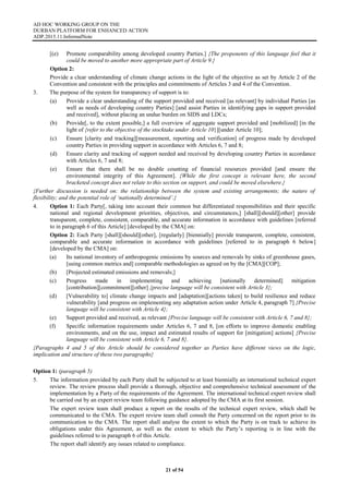 AD HOC WORKING GROUP ON THE
DURBAN PLATFORM FOR ENHANCED ACTION
ADP.2015.11.InformalNote
21 of 54
[(e) Promote comparability among developed country Parties.] {The proponents of this language feel that it
could be moved to another more appropriate part of Article 9.}
Option 2:
Provide a clear understanding of climate change actions in the light of the objective as set by Article 2 of the
Convention and consistent with the principles and commitments of Articles 3 and 4 of the Convention.
3. The purpose of the system for transparency of support is to:
(a) Provide a clear understanding of the support provided and received [as relevant] by individual Parties [as
well as needs of developing country Parties] [and assist Parties in identifying gaps in support provided
and received], without placing an undue burden on SIDS and LDCs;
(b) Provide[, to the extent possible,] a full overview of aggregate support provided and [mobilized] [in the
light of {refer to the objective of the stocktake under Article 10}][under Article 10];
(c) Ensure [clarity and tracking][measurement, reporting and verification] of progress made by developed
country Parties in providing support in accordance with Articles 6, 7 and 8;
(d) Ensure clarity and tracking of support needed and received by developing country Parties in accordance
with Articles 6, 7 and 8;
(e) Ensure that there shall be no double counting of financial resources provided [and ensure the
environmental integrity of this Agreement]. {While the first concept is relevant here, the second
bracketed concept does not relate to this section on support, and could be moved elsewhere.}
{Further discussion is needed on: the relationship between the system and existing arrangements; the nature of
flexibility; and the potential role of ‘nationally determined’.}
4. Option 1: Each Party[, taking into account their common but differentiated responsibilities and their specific
national and regional development priorities, objectives, and circumstances,] [shall][should][other] provide
transparent, complete, consistent, comparable, and accurate information in accordance with guidelines [referred
to in paragraph 6 of this Article] [developed by the CMA] on:
Option 2: Each Party [shall][should][other], [regularly] [biennially] provide transparent, complete, consistent,
comparable and accurate information in accordance with guidelines [referred to in paragraph 6 below]
[developed by the CMA] on:
(a) Its national inventory of anthropogenic emissions by sources and removals by sinks of greenhouse gases,
[using common metrics and] comparable methodologies as agreed on by the [CMA][COP];
(b) [Projected estimated emissions and removals;]
(c) Progress made in implementing and achieving [nationally determined] mitigation
[contribution][commitment][other] {precise language will be consistent with Article 3};
(d) [Vulnerability to] climate change impacts and [adaptation][actions taken] to build resilience and reduce
vulnerability [and progress on implementing any adaptation action under Article 4, paragraph 7] {Precise
language will be consistent with Article 4};
(e) Support provided and received, as relevant {Precise language will be consistent with Article 6, 7 and 8};
(f) Specific information requirements under Articles 6, 7 and 8, [on efforts to improve domestic enabling
environments, and on the use, impact and estimated results of support for [mitigation] actions] {Precise
language will be consistent with Article 6, 7 and 8}.
{Paragraphs 4 and 5 of this Article should be considered together as Parties have different views on the logic,
implication and structure of these two paragraphs}
Option 1: (paragraph 5)
5. The information provided by each Party shall be subjected to at least biennially an international technical expert
review. The review process shall provide a thorough, objective and comprehensive technical assessment of the
implementation by a Party of the requirements of the Agreement. The international technical expert review shall
be carried out by an expert review team following guidance adopted by the CMA at its first session.
The expert review team shall produce a report on the results of the technical expert review, which shall be
communicated to the CMA. The expert review team shall consult the Party concerned on the report prior to its
communication to the CMA. The report shall analyse the extent to which the Party is on track to achieve its
obligations under this Agreement, as well as the extent to which the Party’s reporting is in line with the
guidelines referred to in paragraph 6 of this Article.
The report shall identify any issues related to compliance.
 