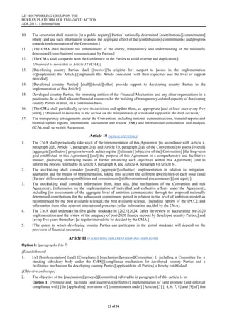 AD HOC WORKING GROUP ON THE
DURBAN PLATFORM FOR ENHANCED ACTION
ADP.2015.11.InformalNote
23 of 54
10. The secretariat shall maintain [in a public registry] Parties’ nationally determined [contributions][commitments]
other] [and use such information to assess the aggregate effect of the [contributions][commitments] and progress
towards implementation of the Convention.]
11. [The CMA shall facilitate the enhancement of the clarity, transparency and understanding of the nationally
determined [contributions] communicated by Parties.]
12. [The CMA shall cooperate with the Conference of the Parties to avoid overlap and duplication.]
{Proposed to move this to Article 12 (CMA)}
13. [Developing country Parties shall [[receive][be eligible for] support to [assist in the implementation
of][implement] this Article]][implement this Article consistent with their capacities and the level of support
provided].
14. [Developed country Parties] [shall][should][other] provide support to developing country Parties in the
implementation of this Article.]
15. Developed country Parties, the operating entities of the Financial Mechanism and any other organizations in a
position to do so shall allocate financial resources for the building of transparency-related capacity of developing
country Parties in need, on a continuous basis.
16. [The CMA shall periodically review its decisions and update them, as appropriate [and at least once every five
years].] {Proposed to move this to the section on the transparency of action and support in the draft decision}
17. The transparency arrangements under the Convention, including national communications, biennial reports and
biennial update reports, international assessment and review (IAR) and international consultation and analysis
(ICA), shall serve this Agreement.
Article 10 (GLOBAL STOCKTAKE)
1. The CMA shall periodically take stock of the implementation of this Agreement [in accordance with Article 4,
paragraph 2(d), Article 7, paragraph 2(e), and Article 10, paragraph 2(a), of the Convention,] to assess [overall]
[aggregate][collective] progress towards achieving the [[ultimate] [objective of the] Convention] [the long-term
goal established in this Agreement] [and] the purpose of this Agreement in a comprehensive and facilitative
manner, [including identifying means of further advancing such objectives within this Agreement] [and to
inform the process referred to in Article 3, paragraph 8, and Article 4, paragraph 6][Article 6].
2. The stocktaking shall consider [overall] [aggregate][collective] implementation in relation to mitigation,
adaptation and the means of implementation, taking into account the different specificities of each issue [and]
[Parties’ differentiated responsibilities and commitments][different national circumstances] [and equity].
3. The stocktaking shall consider information from, inter alia, [the mechanisms of the Convention and this
Agreement], [information on the implementation of individual and collective efforts under the Agreement],
including [on assessments of the aggregate level of ambition communicated through the proposed nationally
determined contributions for the subsequent commitment period in relation to the level of ambition needed as
recommended by the best available science]; the best available science, [including reports of the IPCC]; and
information from other relevant international processes [other information decided by the CMA].
4. The CMA shall undertake its first global stocktake in [2023][2024] [after the review of accelerating pre-2020
implementation and the review of the adequacy of post-2020 finance support by developed country Parties,] and
[every five years thereafter] [at regular intervals to be decided by the CMA.]
5. [The extent to which developing country Parties can participate in the global stocktake will depend on the
provision of financial resources.]
Article 11 (FACILITATING IMPLEMENTATION AND COMPLIANCE)
Option I: (paragraphs 1 to 7)
{Establishment}
1. [A] [Implementation] [and] [Compliance] [mechanism][process][Committee] [, including a Committee [as a
standing subsidiary body under the CMA]][compliance mechanism for developed country Parties and a
facilitative mechanism for developing country Parties][applicable to all Parties] is hereby established.
{Objective and scope}
2. The objective of the [mechanism][process][Committee] referred to in paragraph 1 of this Article is to:
Option 1: [Promote and] facilitate [and incentivize][effective] implementation of [and promote [and enforce]
compliance with] [the [applicable] provisions of] [commitments under] [Articles [3] [, 4, 6, 7, 8] and [9] of] this
 