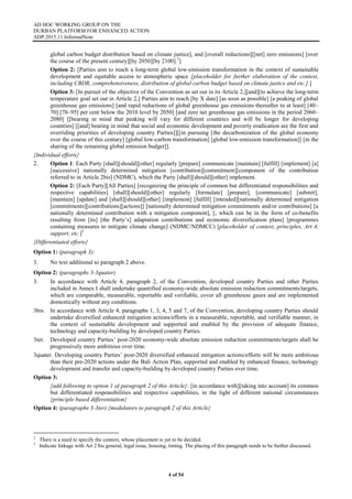 AD HOC WORKING GROUP ON THE
DURBAN PLATFORM FOR ENHANCED ACTION
ADP.2015.11.InformalNote
4 of 54
global carbon budget distribution based on climate justice], and [overall reductions][[net] zero emissions] [over
the course of the present century][by 2050][by 2100].2
]
Option 2: [Parties aim to reach a long-term global low-emission transformation in the context of sustainable
development and equitable access to atmospheric space [placeholder for further elaboration of the context,
including CBDR, comprehensiveness, distribution of global carbon budget based on climate justice and etc.].]
Option 3: [In pursuit of the objective of the Convention as set out in its Article 2,][and][to achieve the long-term
temperature goal set out in Article 2,] Parties aim to reach [by X date] [as soon as possible] [a peaking of global
greenhouse gas emissions] [and rapid reductions of global greenhouse gas emissions thereafter to at least] [40–
70] [70–95] per cent below the 2010 level by 2050] [and zero net greenhouse gas emissions in the period 2060–
2080] [[bearing in mind that peaking will vary for different countries and will be longer for developing
countries] [[and] bearing in mind that social and economic development and poverty eradication are the first and
overriding priorities of developing country Parties]][[in pursuing [the decarbonization of the global economy
over the course of this century] [global low-carbon transformation] [global low-emission transformation]] [in the
sharing of the remaining global emission budget]].
{Individual efforts}
2. Option 1: Each Party [shall][should][other] regularly [prepare] communicate [maintain] [fulfill] [implement] [a]
[successive] nationally determined mitigation [contribution][commitment][component of the contribution
referred to in Article 2bis] (NDMC), which the Party [shall][should][other] implement.
Option 2: [Each Party][All Parties] [recognizing the principle of common but differentiated responsibilities and
respective capabilities] [shall][should][other] regularly [formulate] [prepare], [communicate] [submit],
[maintain] [update] and [shall][should][other] [implement] [fulfill] [intended][nationally determined mitigation
[commitments][contributions][actions]] [nationally determined mitigation commitments and/or contributions] [a
nationally determined contribution with a mitigation component], [, which can be in the form of co-benefits
resulting from [its] [the Party’s] adaptation contributions and economic diversification plans] [programmes
containing measures to mitigate climate change] (NDMC/NDMCC) [placeholder of context, principles, Art 4,
support, etc.]3
{Differentiated efforts}
Option 1: (paragraph 3):
3. No text additional to paragraph 2 above.
Option 2: (paragraphs 3-3quater)
3. In accordance with Article 4, paragraph 2, of the Convention, developed country Parties and other Parties
included in Annex I shall undertake quantified economy-wide absolute emission reduction commitments/targets,
which are comparable, measurable, reportable and verifiable, cover all greenhouse gases and are implemented
domestically without any conditions.
3bis. In accordance with Article 4, paragraphs 1, 3, 4, 5 and 7, of the Convention, developing country Parties should
undertake diversified enhanced mitigation actions/efforts in a measurable, reportable, and verifiable manner, in
the context of sustainable development and supported and enabled by the provision of adequate finance,
technology and capacity-building by developed country Parties.
3ter. Developed country Parties’ post-2020 economy-wide absolute emission reduction commitments/targets shall be
progressively more ambitious over time.
3quater. Developing country Parties’ post-2020 diversified enhanced mitigation actions/efforts will be more ambitious
than their pre-2020 actions under the Bali Action Plan, supported and enabled by enhanced finance, technology
development and transfer and capacity-building by developed country Parties over time.
Option 3:
{add following to option 1 of paragraph 2 of this Article}: [in accordance with][taking into account] its common
but differentiated responsibilities and respective capabilities, in the light of different national circumstances
{principle based differentiation}
Option 4: (paragraphs 3-3ter) {modulators to paragraph 2 of this Article}
2
There is a need to specify the context, whose placement is yet to be decided.
3
Indicate linkage with Art 2 bis general, legal issue, housing, timing. The placing of this paragraph needs to be further discussed.
 