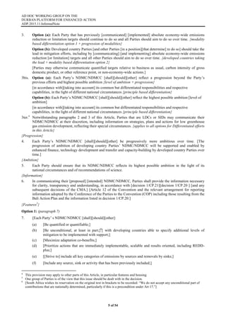 AD HOC WORKING GROUP ON THE
DURBAN PLATFORM FOR ENHANCED ACTION
ADP.2015.11.InformalNote
5 of 54
3. Option (a): Each Party that has previously [communicated] [implemented] absolute economy-wide emissions
reduction or limitation targets should continue to do so and all Parties should aim to do so over time. {modality
based differentiation option 1 + progression of modalities}
Option (b): Developed country Parties [and other Parties [in a position][that determine] to do so] should take the
lead in mitigation efforts, including by [communicating] [and implementing] absolute economy-wide emissions
reduction [or limitation] targets and all other Parties should aim to do so over time. {developed countries taking
the lead + modality based differentiation option 2}
[Parties may otherwise communicate quantified targets relative to business as usual, carbon intensity of gross
domestic product, or other reference point, or non-economy-wide actions.]
3bis. Option (a): Each Party’s NDMC/NDMCC [shall][should][other] reflect a progression beyond the Party’s
previous efforts and highest possible ambition {level of ambition + progression}
[in accordance with][taking into account] its common but differentiated responsibilities and respective
capabilities, in the light of different national circumstances {principle based differentiation}
Option (b): Each Party’s NDMC/NDMCC [shall][should][other] reflect the highest possible ambition [level of
ambition]
[in accordance with][taking into account] its common but differentiated responsibilities and respective
capabilities, in the light of different national circumstances {principle based differentiation}
3ter.4
Notwithstanding paragraphs 2 and 3 of this Article, Parties that are LDCs or SIDs may communicate their
NDMC/NDMCC at their discretion, including information on strategies, plans and actions for low greenhouse
gas emission development, reflecting their special circumstances. {applies to all options for Differentiated efforts
in this Article}
{Progression}
4. Each Party’s NDMC/NDMCC [shall][should][other] be progressively more ambitious over time. [The
progression of ambition of developing country Parties’ NDMC/NDMCC will be supported and enabled by
enhanced finance, technology development and transfer and capacity-building by developed country Parties over
time.]
{Ambition}
5. Each Party should ensure that its NDMC/NDMCC reflects its highest possible ambition in the light of its
national circumstances and of recommendations of science.
{Information}
6. In communicating their [proposed] [intended] NDMC/NDMCC, Parties shall provide the information necessary
for clarity, transparency and understanding, in accordance with [decision 1/CP.21][decision 1/CP.20 ] [and any
subsequent decisions of the CMA.] [Article 12 of the Convention and the relevant arrangement for reporting
information adopted by the Conference of the Parties to the Convention (COP) including those resulting from the
Bali Action Plan and the information listed in decision 1/CP.20.]
{Features5
}
Option 1: (paragraph 7)
7. [Each Party’ s NDMC/NDMCC [shall][should][other]:
(a) [Be quantified or quantifiable;]
(b) [Be unconditional, at least in part;]6
[ with developing countries able to specify additional levels of
mitigation to be implemented with support;]
(c) [Maximize adaptation co-benefits;]
(d) [Prioritize actions that are immediately implementable, scalable and results oriented, including REDD-
plus;]
(e) [[Strive to] include all key categories of emissions by sources and removals by sinks;]
(f) [Include any source, sink or activity that has been previously included;]
4
This provision may apply to other parts of this Article, in particular features and housing.
5
One group of Parties is of the view that this issue should be dealt with in the decision.
6
[South Africa wishes its reservation on the original text in brackets to be recorded: “We do not accept any unconditional part of
contributions that are nationally determined, particularly if this is a precondition under Art 17.”]
 