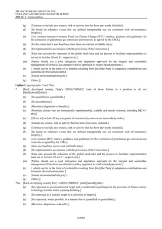 AD HOC WORKING GROUP ON THE
DURBAN PLATFORM FOR ENHANCED ACTION
ADP.2015.11.InformalNote
6 of 54
(g) [Continue to include any sources, sink or activity that has been previously included;]
(h) [Be based on reference values that are defined transparently and are consistent with environmental
integrity;]
(i) [Use common Intergovernmental Panel on Climate Change (IPCC) metrics, guidance and guidelines for
the estimation of greenhouse gas emissions and removals as agreed by the CMA;]
(j) [To the extent that it uses baselines, base these on real and verifiable data;]
(k) [Be implemented in accordance with the provisions of the Convention;]
(l) [Take into account the outcomes of the global stock-take and the process to facilitate implementation as
set out in Articles 10 and 11, respectively;]
(m) [Parties should use a joint mitigation and adaptation approach for the integral and sustainable
management of forests as an alternative policy approach to results-based payments;]
(n) [, which can be in the form of co-benefits resulting from [its] [the Party’s] adaptation contributions and
economic diversification plans;]
(o) [Ensure environmental integrity;]
(p) [Other.]]
Option 2: (paragraphs 7 and 7bis)
7. [Each developed country Party’s NDMC/NDMCC [and of those Parties in a position to do so]
[shall][should][other]:
(a) [Be quantified or quantifiable;]
(b) [Be unconditional;]
(c) [Maximize adaptation co-benefits;]
(d) [Prioritize actions that are immediately implementable, scalable and results oriented, including REDD-
plus;]
(e) [[Strive to] include all key categories of emissions by sources and removals by sinks;]
(f) [Include any source, sink or activity that has been previously included;]
(g) [Continue to include any sources, sink or activity that has been previously included;]
(h) [Be based on reference values that are defined transparently and are consistent with environmental
integrity;]
(i) [Use common IPCC metrics, guidance and guidelines for the estimation of greenhouse gas emissions and
removals as agreed by the CMA;]
(j) [Base any baselines on real and verifiable data;]
(k) [Be implemented in accordance with the provisions of the Convention;]
(l) [Take into account the outcomes of the global stock-take and the process to facilitate implementation
asset out in Articles 10 and 11, respectively;]
(m) [Parties should use a joint mitigation and adaptation approach for the integral and sustainable
management of forests as an alternative policy approach to results-based payments;]
(n) [, which can be in the form of co-benefits resulting from [its] [the Party’s] adaptation contributions and
economic diversification plans ]
(o) [Ensure environmental integrity;]
(p) [Other.]]
7bis. [Each developing country Party’s NDMC/NDMCC [shall][should][other]:
(a) [Be expressed as an unconditional target and a conditional target based on the provision of finance and/or
technology transfer and/or capacity-building;]
(b) [Be expressed as a sectoral target or a collection of targets;]
(c) [Be expressed, where possible, in a manner that is quantified or quantifiable;]
(d) [Maximize adaptation co-benefits;]
 